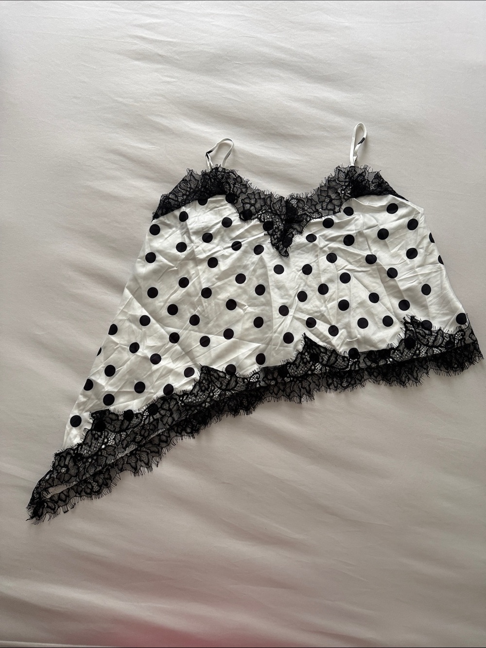 Amazon White Satin Polka Dot Cami with Black Lace Trim